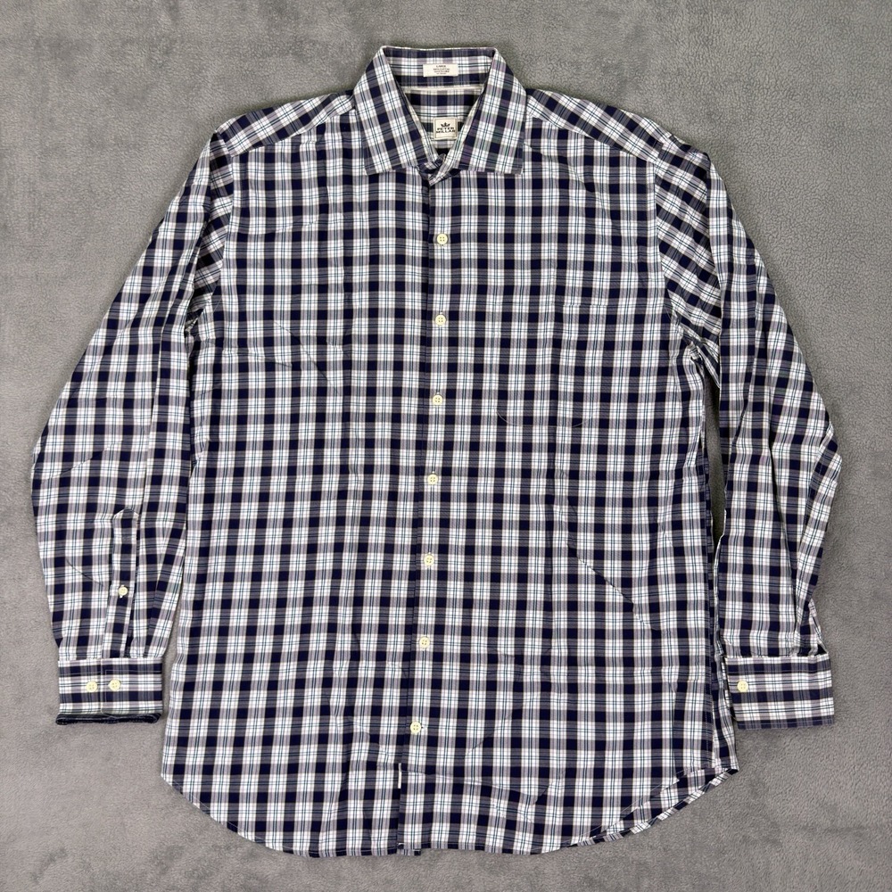 Peter Millar Dress Shirt Mens Large Gray Blue Plaid Button Casual Formal Pocket